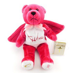 NWT Vintage WINGS HOLY BEAR Pink Plush Bean Bag w/ Bible & Breast Cancer Ribbon